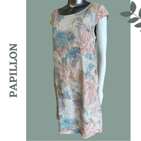 Papillon Linen Short Sleeve Sheath Dress Foliage Print Contrast Knit Side Inlay - Picture 2 of 5